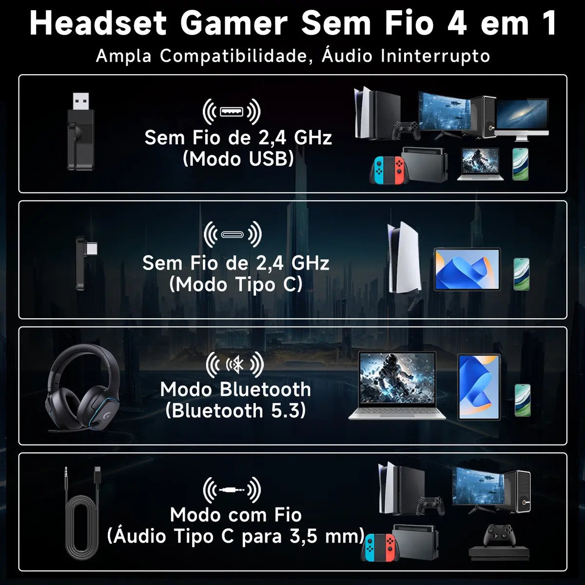 Headset Gamer OLAFVI Captain 780 Sem Fio Bluetooth RGB Preto