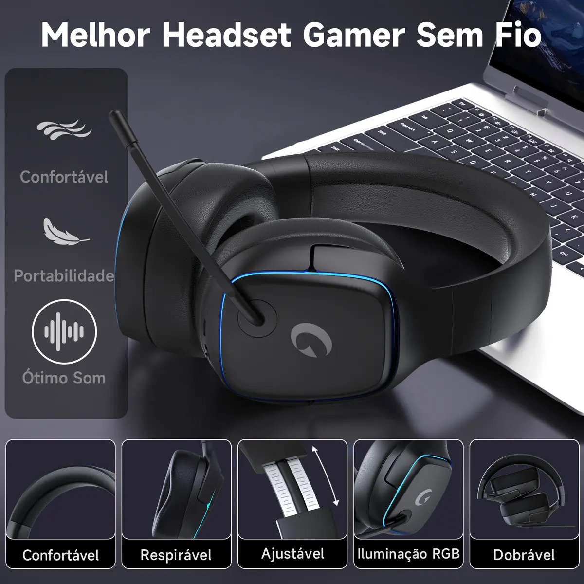 Headset Gamer OLAFVI Captain 780 Sem Fio Bluetooth RGB Preto