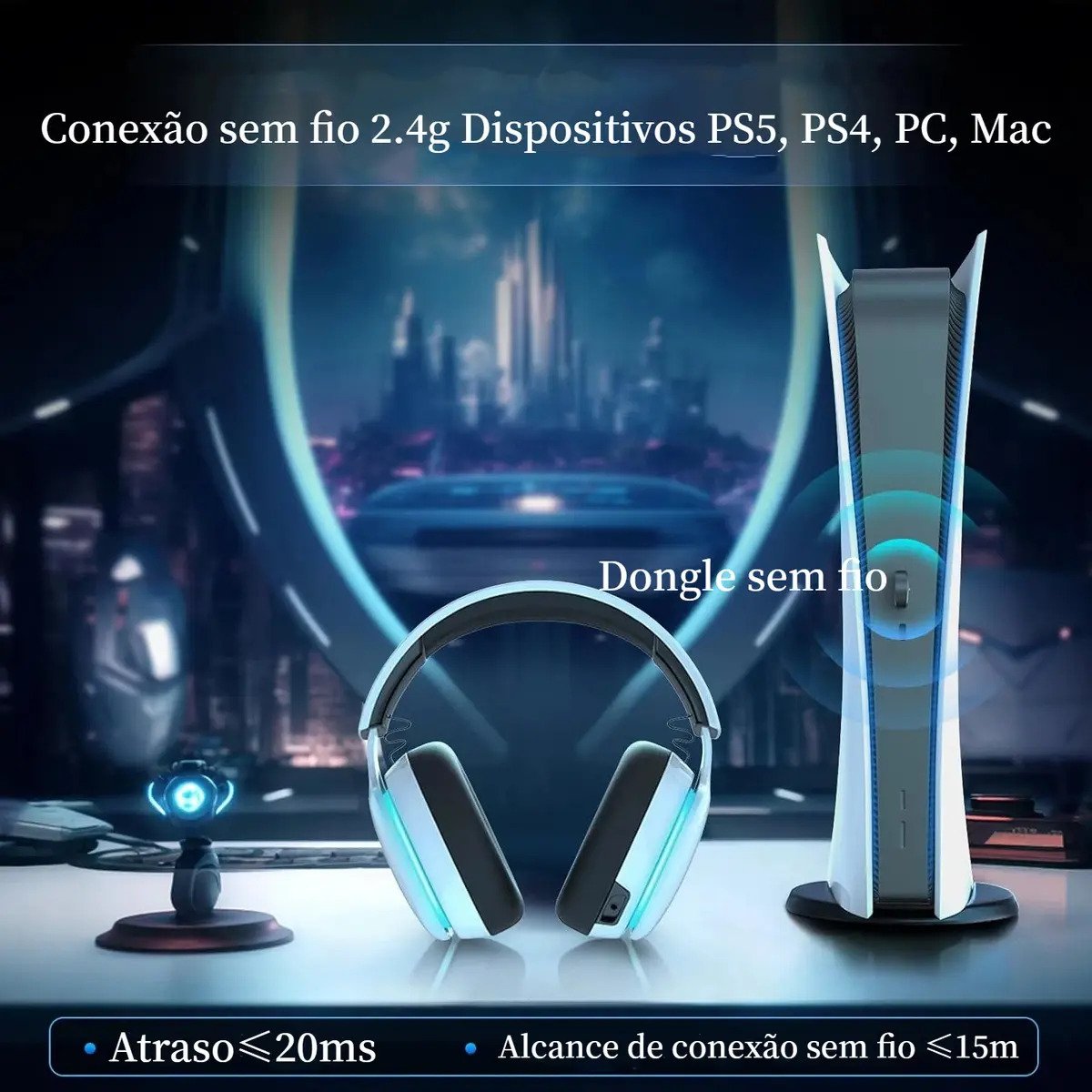 Headset Gamer Olafvi Captain 300 Sem Fio Bluetooth 5.3 com Microfone e Cancelamento de Ruído para PS5, PS4, PC e Switch - Branco