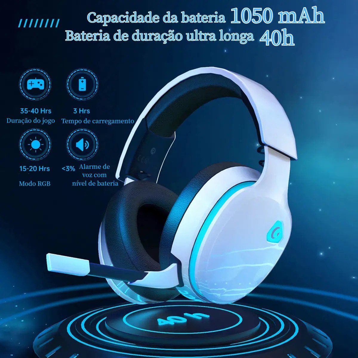 Headset Gamer Olafvi Captain 300 Sem Fio Bluetooth 5.3 com Microfone e Cancelamento de Ruído para PS5, PS4, PC e Switch - Branco