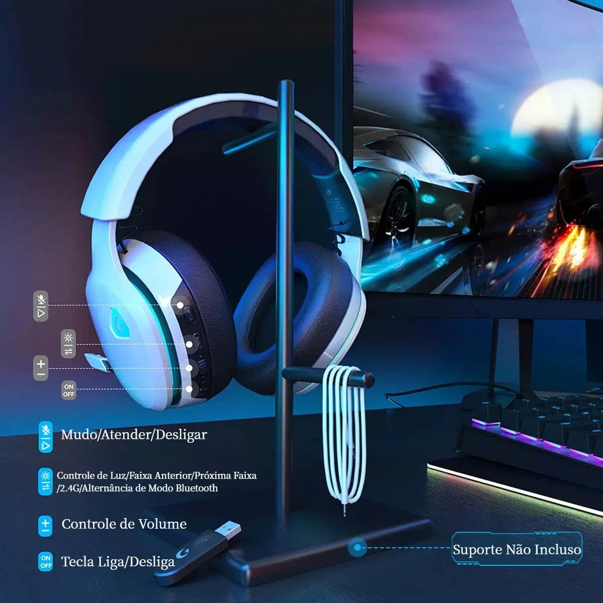 Headset Gamer Olafvi Captain 300 Sem Fio Bluetooth 5.3 com Microfone e Cancelamento de Ruído para PS5, PS4, PC e Switch - Branco