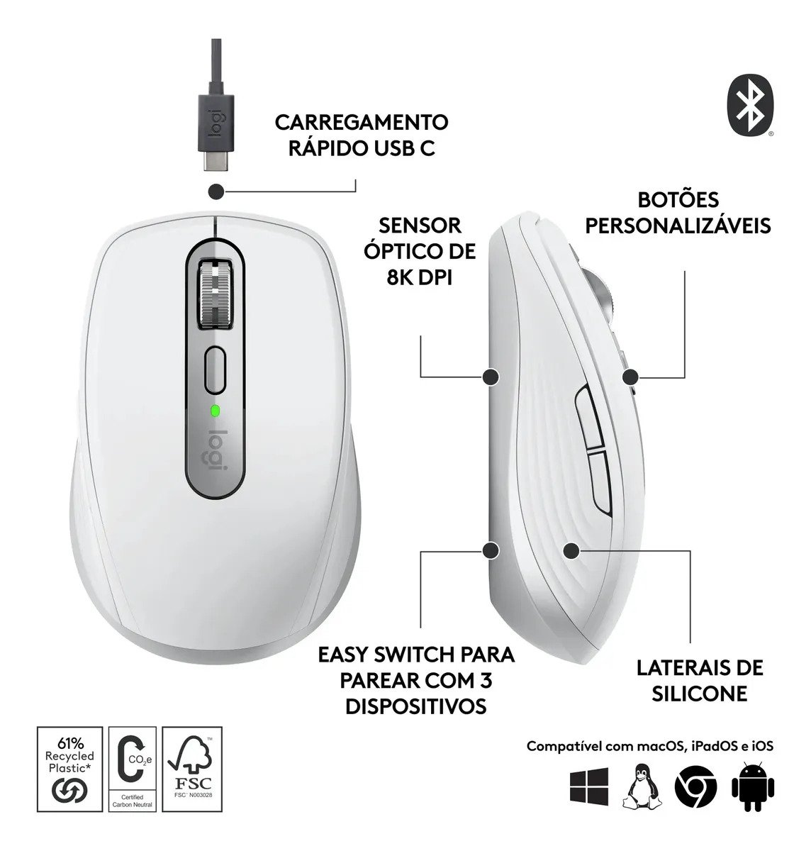 Mouse sem fio Logitech MX Anywhere 3S - Cinza Claro