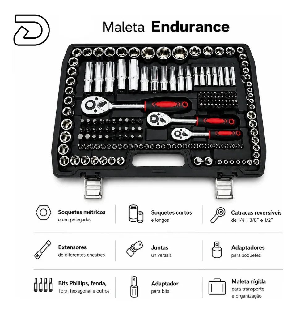 Jogo de Soquetes Deend 216 Pecas com Maleta Profissional