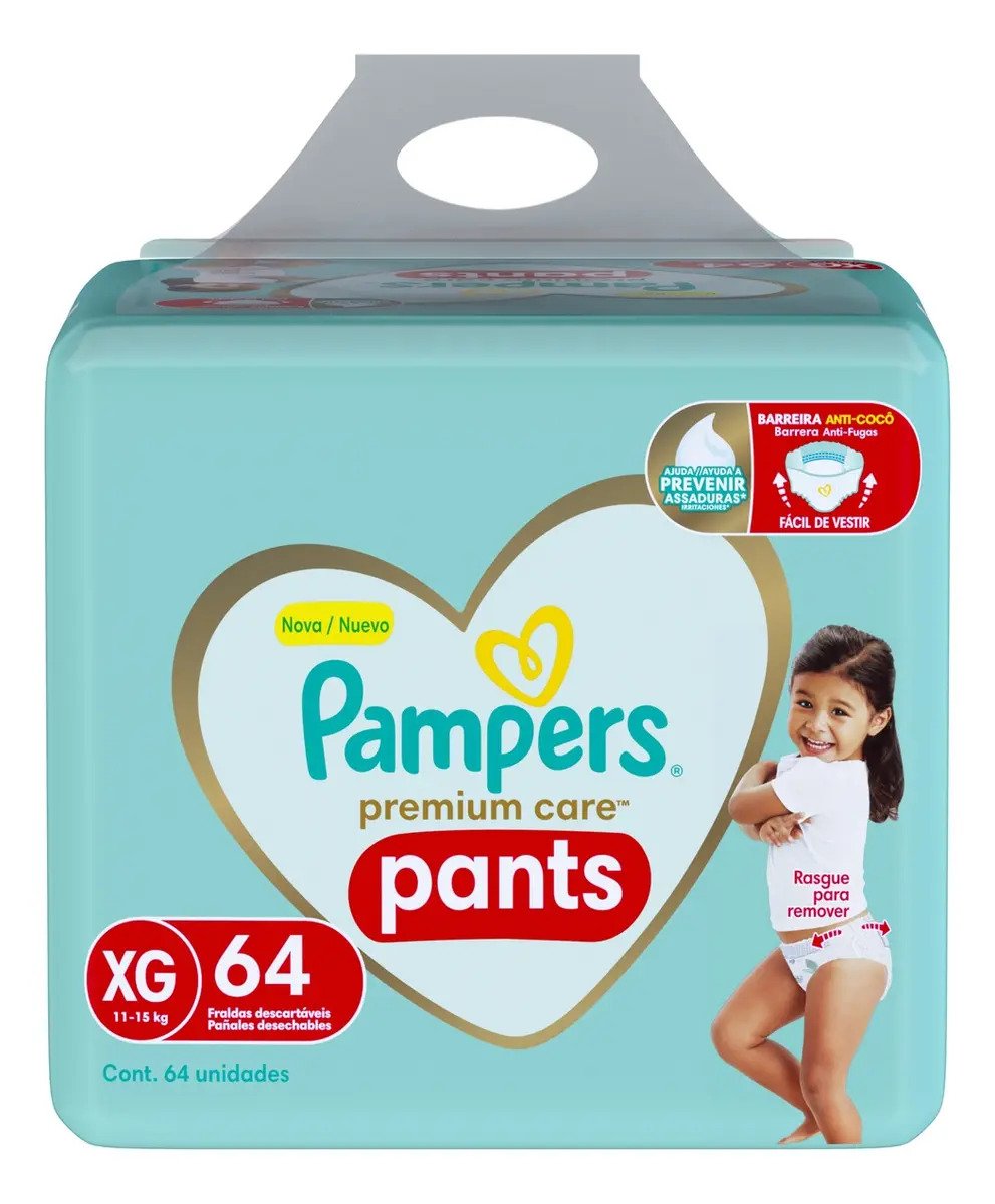 Fralda Pampers Premium Care Pants XG, 64 Unidades