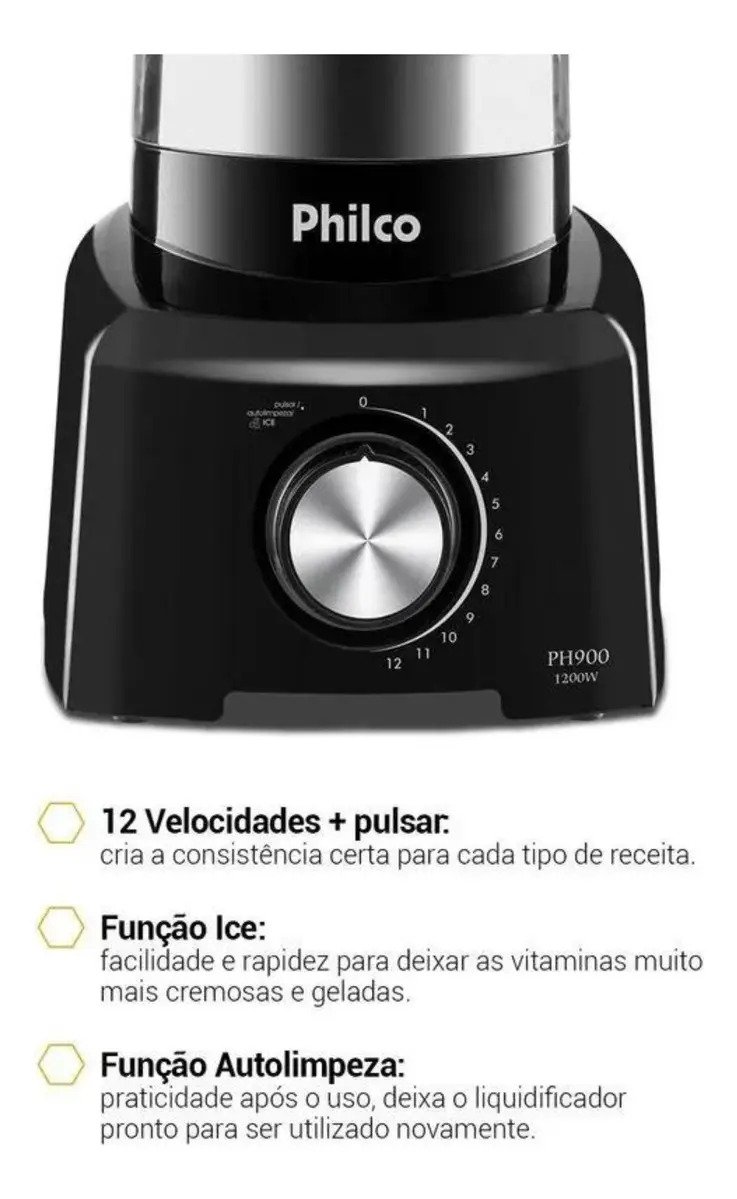Liquidificador Philco 1200W 3L 12 Velocidades Preto PH900