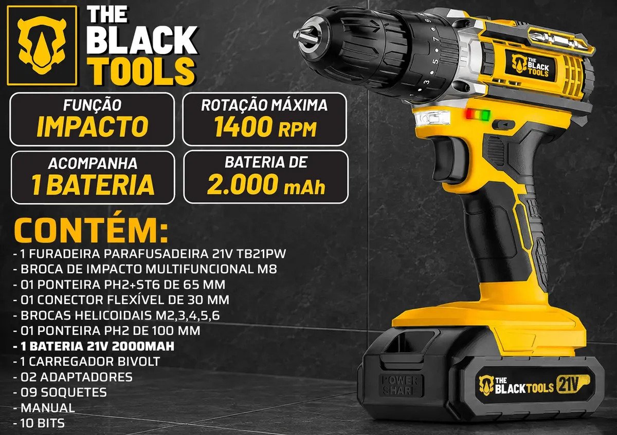 Parafusadeira E Furadeira Impacto The Black Tools Tb-21pw 3/8 Cor Amarelo Frequência 50/60 Hz