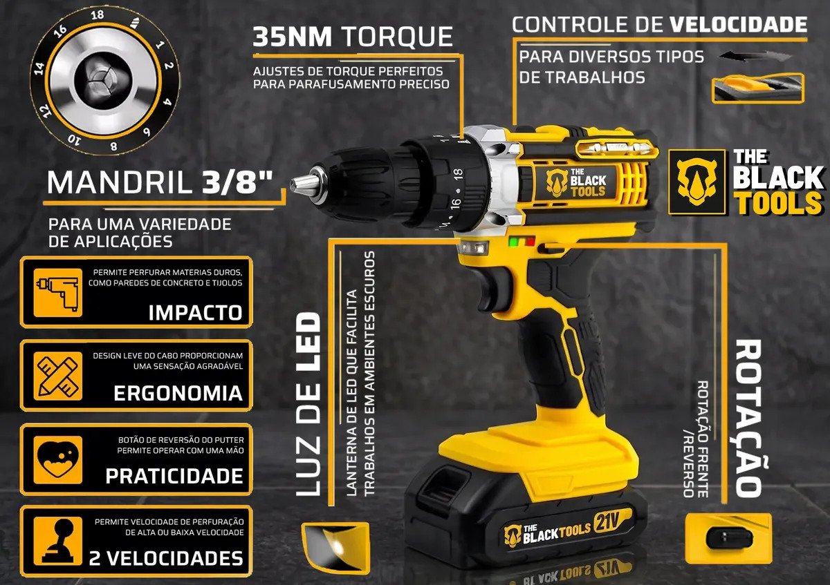 Parafusadeira E Furadeira Impacto The Black Tools Tb-21pw 3/8 Cor Amarelo Frequência 50/60 Hz