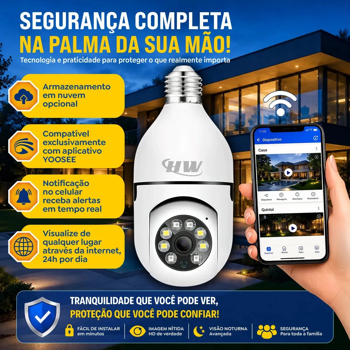 Câmera de Segurança Wi-Fi Lâmpada E27 360° Full HD HW