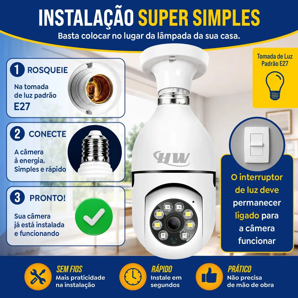 Câmera de Segurança Wi-Fi Lâmpada E27 360° Full HD HW