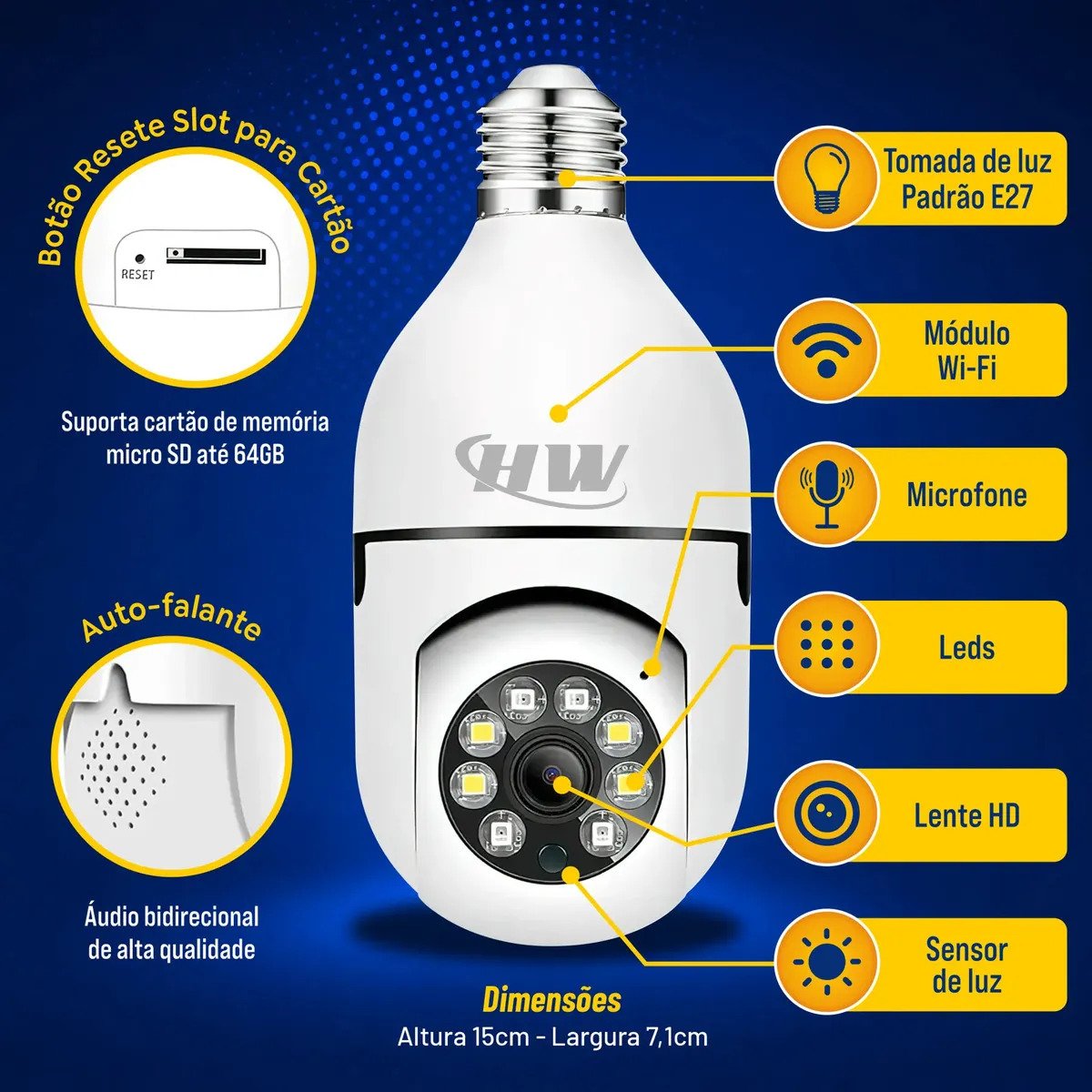 Câmera de Segurança Wi-Fi Lâmpada E27 360° Full HD HW