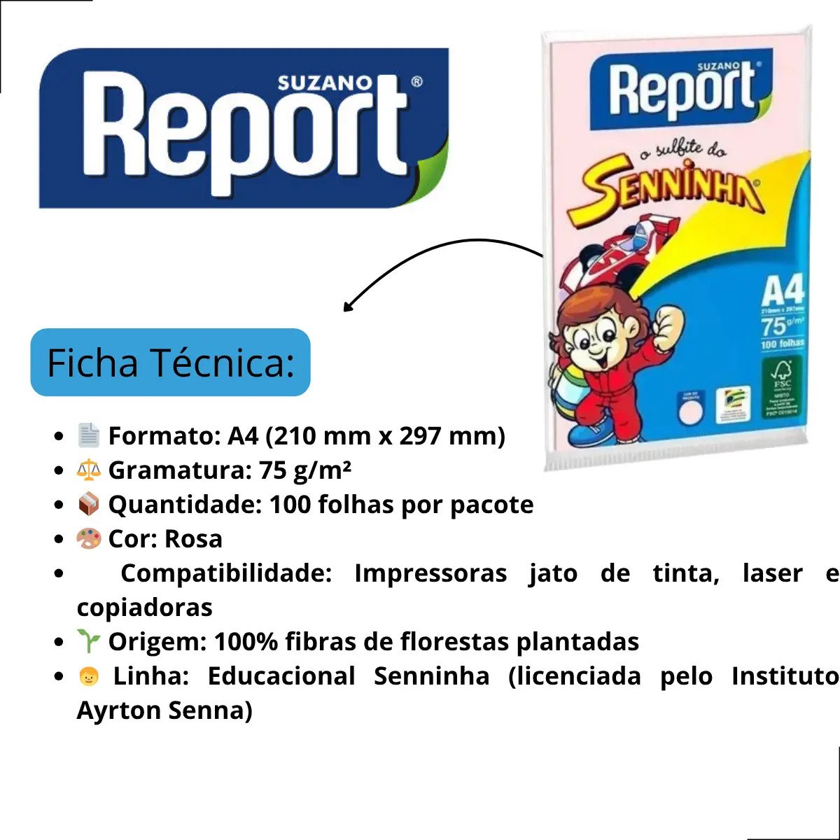 Papel Sulfite A4 Rosa 75g 100 Folhas Report Senninha Multifunção