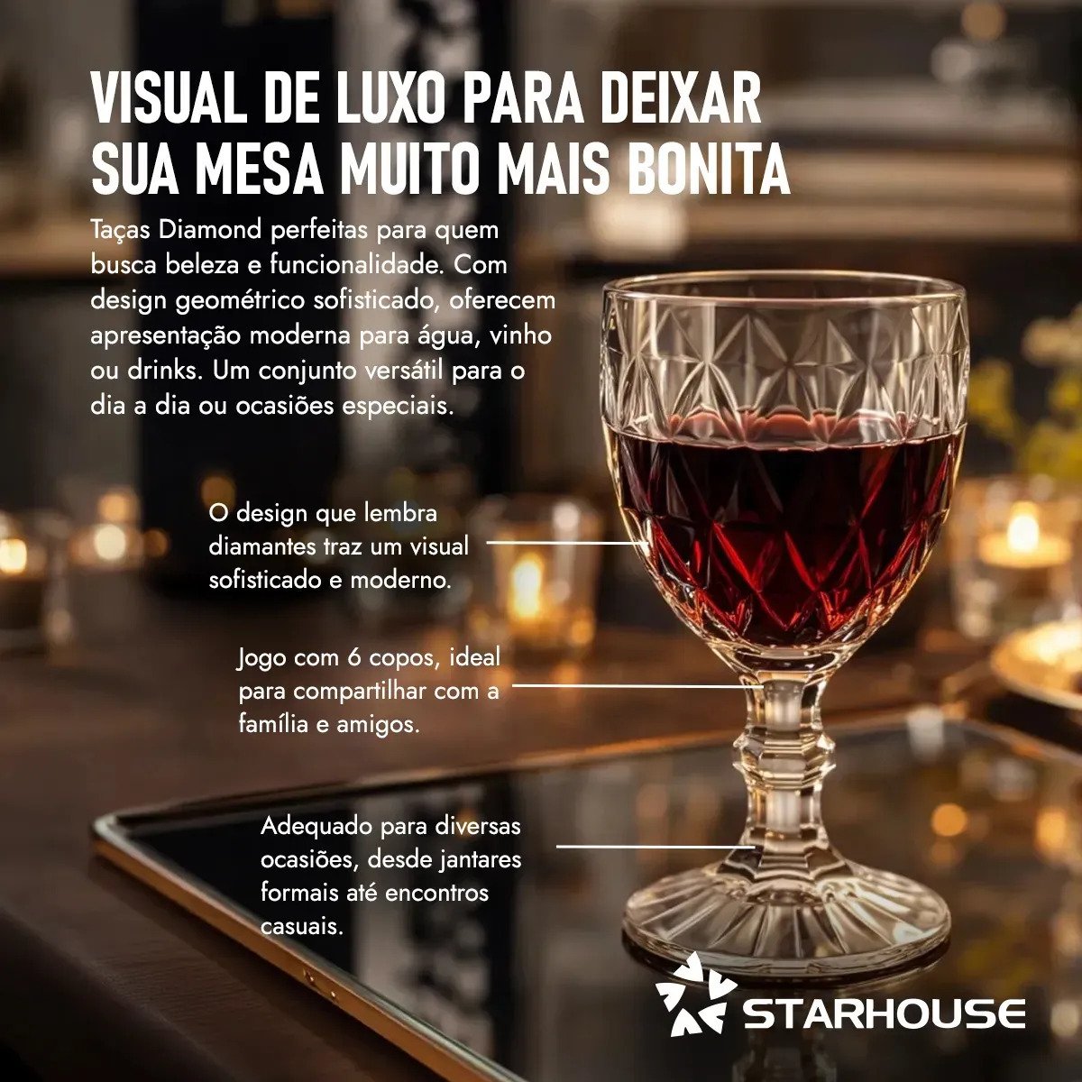 Kit 6 Taças Diamond 330ml em Cristal Starhouse
