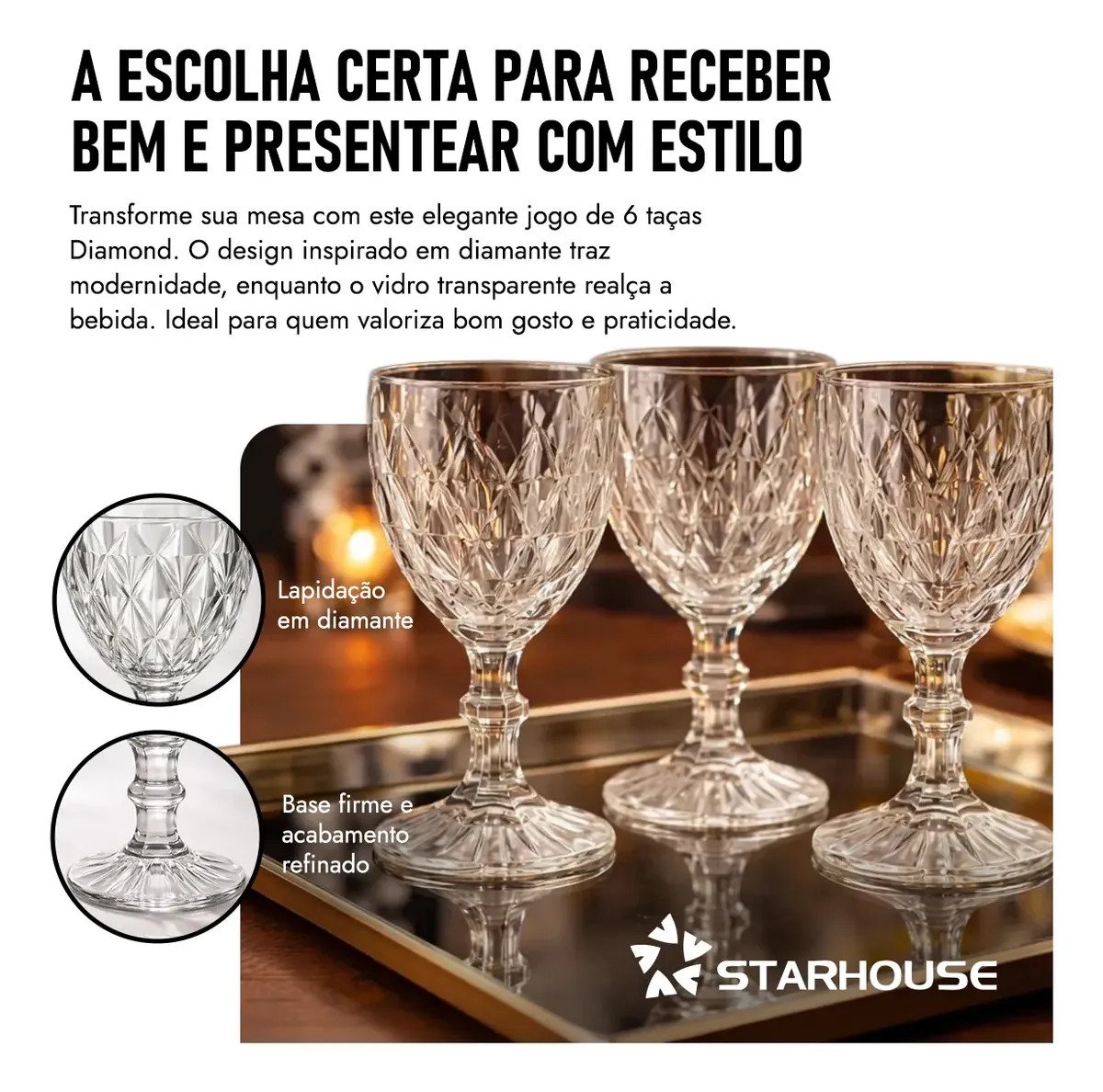 Kit 6 Taças Diamond 330ml em Cristal Starhouse