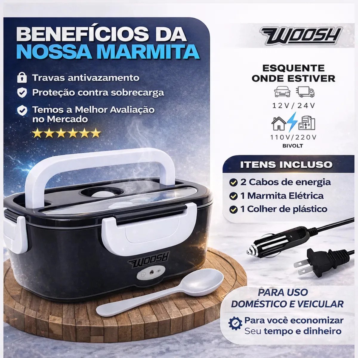 Marmita Elétrica Woosh 1,5L Bivolt Preta