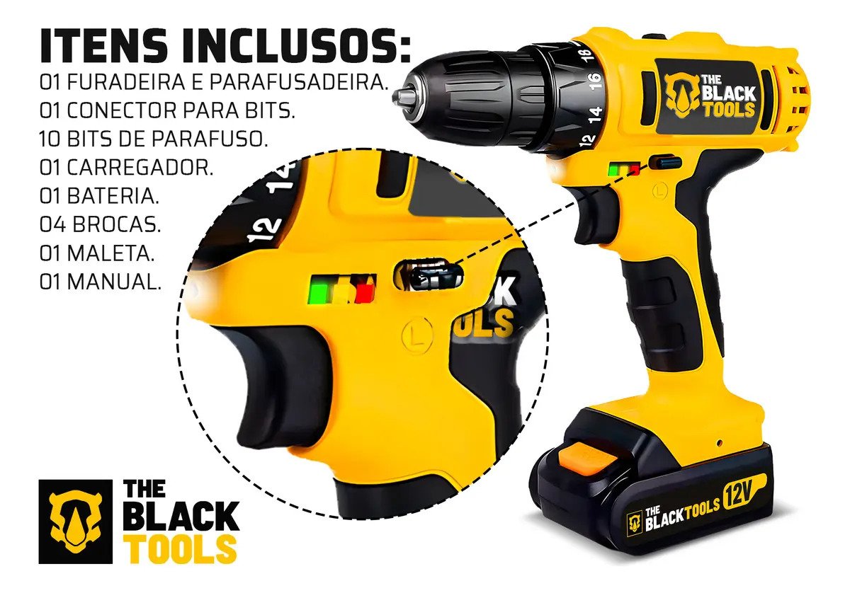 Furadeira Parafusadeira Sem Fio 12V TB-12E The Black Tools