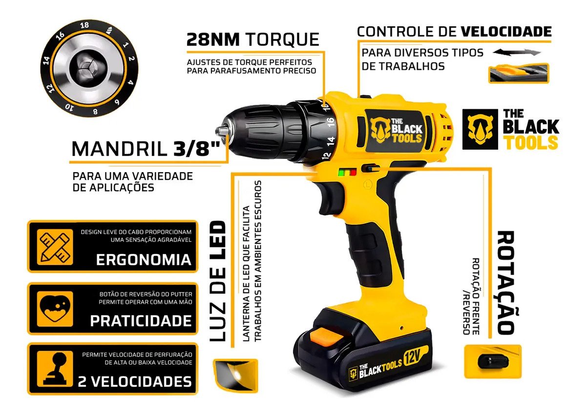 Furadeira Parafusadeira Sem Fio 12V TB-12E The Black Tools