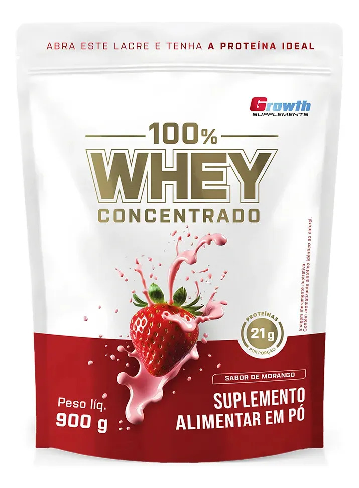 100% Whey Concentrado Growth 900g Morango