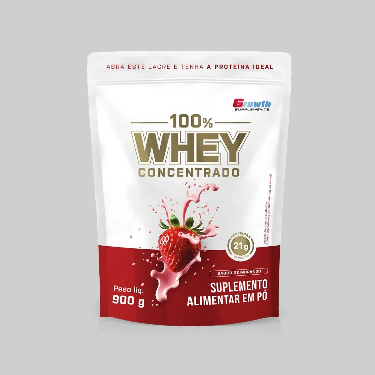 100% Whey Concentrado Growth 900g Morango