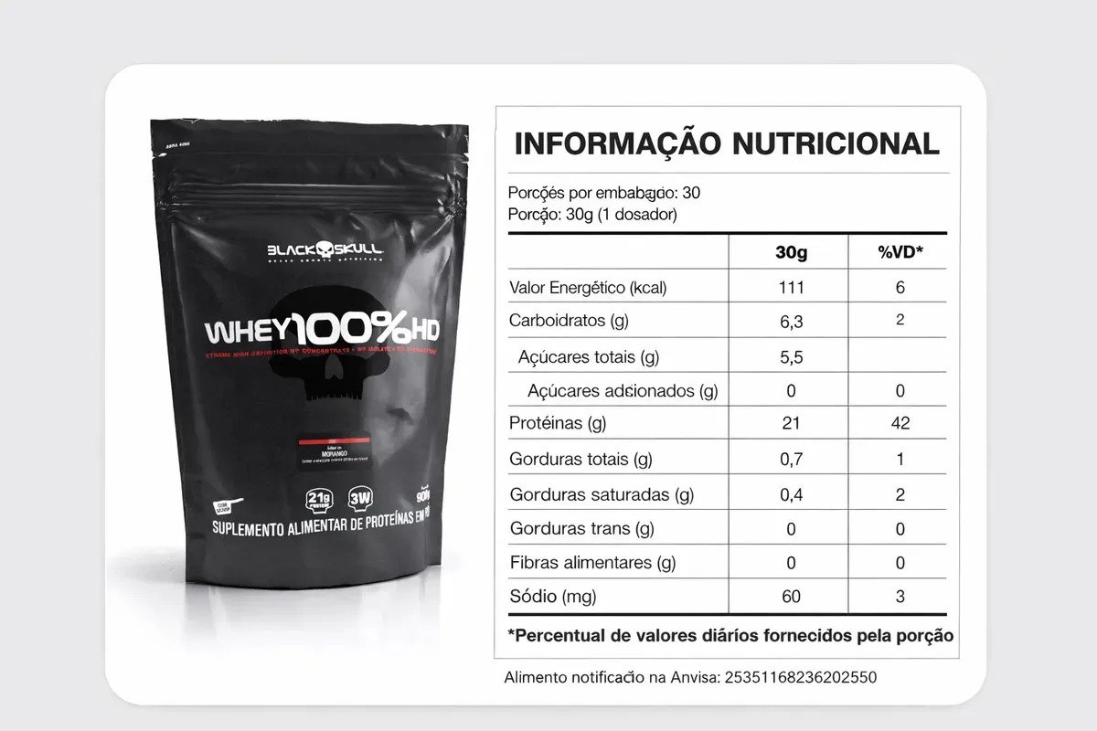 Black Skull Whey 100% HD Refil 900g - Morango
